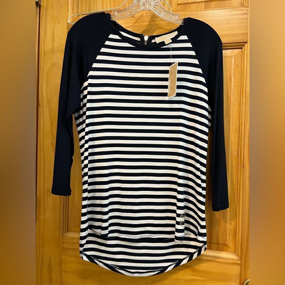 (NWT) Michael Kors navy and white stripe top with zip up back and embellished MK